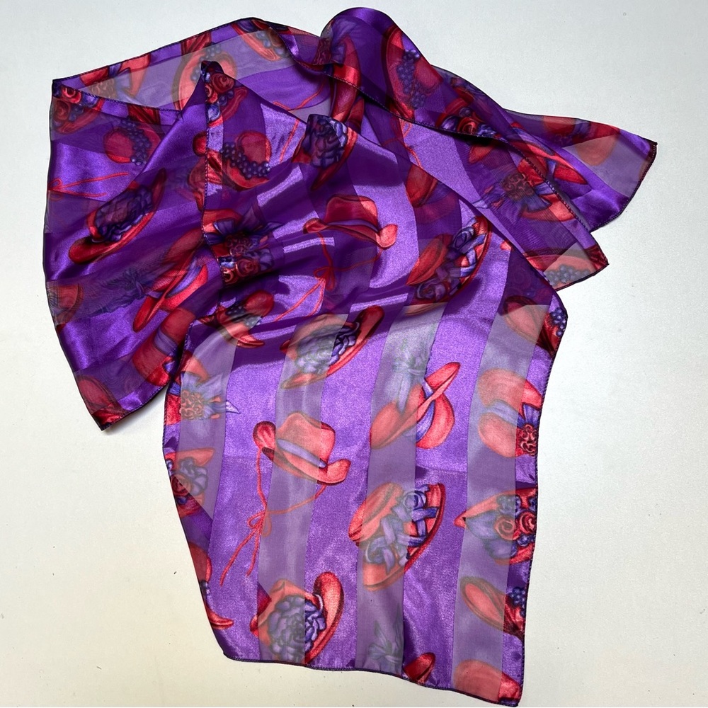 Scarf.  Red Hat Society.  60” x 13”.  Purple stripes w/ Red Hats